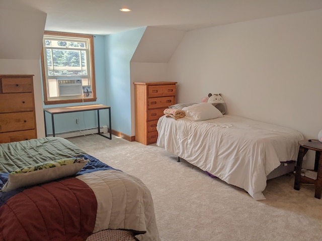 116 Point Rd, Acton, ME 04001 - bedroom featuring a baseboard radiator, carpet floors, vaulted ceiling, and cooling unit