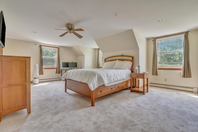116 Point Rd, Acton, ME 04001 - carpeted bedroom featuring a baseboard heating unit, a baseboard radiator, ceiling fan, and vaulted ceiling