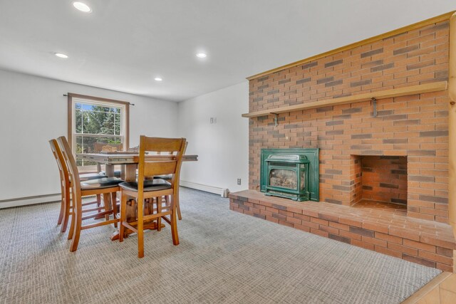 116 Point Rd, Acton, ME 04001 - carpeted dining room with recessed lighting, a brick fireplace, and a baseboard heating unit
