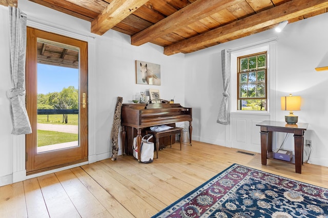 18 Fox Meade Ln, Searsmont, ME 04973 - sitting room featuring wood ceiling with exposed beams and wood-type flooring