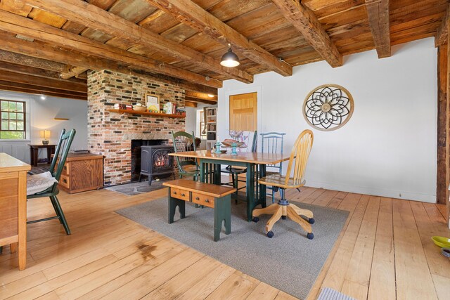 18 Fox Meade Ln, Searsmont, ME 04973 - dining room featuring wood ceiling with exposed beams, hardwood / wood-style floors, a wood stove, and baseboards