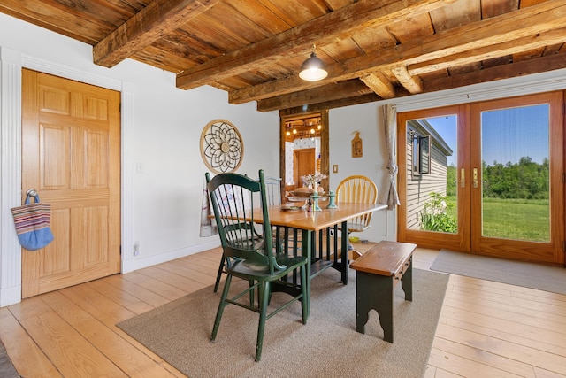 18 Fox Meade Ln, Searsmont, ME 04973 - dining room featuring wooden ceiling with exposed beams, wood-type flooring, and baseboards