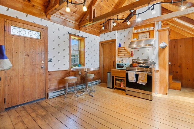 18 Fox Meade Ln, Searsmont, ME 04973 - kitchen featuring electric range, extractor fan, a baseboard heating unit, light wood-style flooring, and wood ceiling