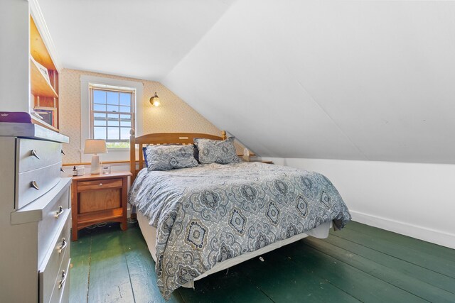 18 Fox Meade Ln, Searsmont, ME 04973 - bedroom with vaulted ceiling, wood-type flooring, and baseboards