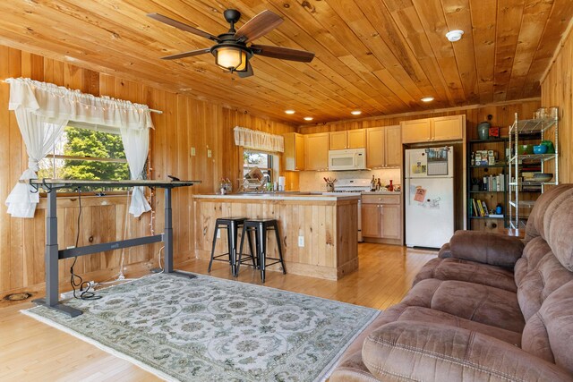 18 Fox Meade Ln, Searsmont, ME 04973 - kitchen with white appliances, open floor plan, plenty of natural light, wooden ceiling, and light wood-style flooring