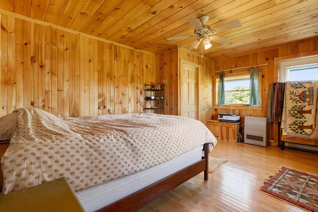 18 Fox Meade Ln, Searsmont, ME 04973 - bedroom with wood ceiling, wooden walls, light wood finished floors, and heating unit