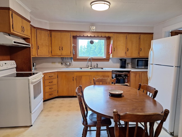 433 Hudson Rd, Corinth, ME 04427 - kitchen with white appliances, extractor fan, a sink, light flooring, and ornamental molding