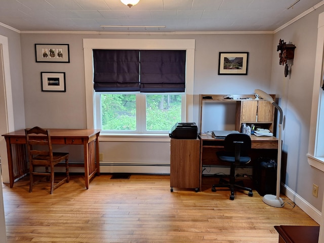 433 Hudson Rd, Corinth, ME 04427 - office area featuring ornamental molding, wood-type flooring, and a baseboard heating unit