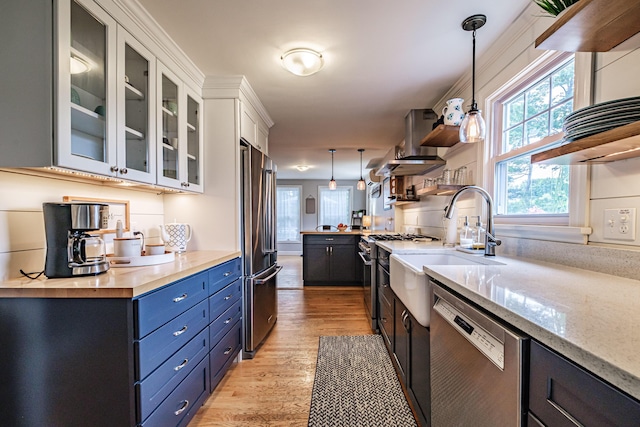 115 Caleb St, Portland, ME 04102 - kitchen with stainless steel appliances, blue cabinets, light wood-style floors, and healthy amount of natural light