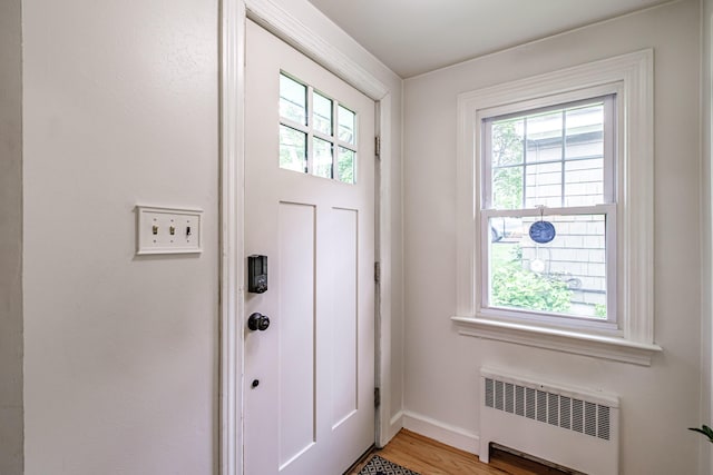 115 Caleb St, Portland, ME 04102 - doorway to outside with radiator, healthy amount of natural light, light wood finished floors, and baseboards
