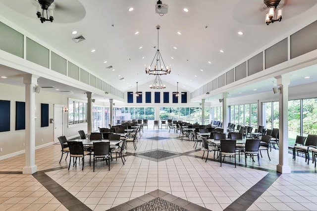 1 Old County Rd Unit 600, Wells, ME 04090 - tiled dining space with decorative columns, inlaid floor details, recessed lighting, high vaulted ceiling, and a ceiling fan