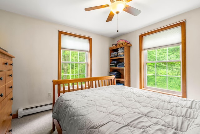 578 Little River Rd, Lebanon, ME 04027 - bedroom with a baseboard radiator, multiple windows, carpet floors, and a ceiling fan