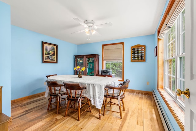578 Little River Rd, Lebanon, ME 04027 - dining area featuring a baseboard heating unit, light wood-style floors, and ceiling fan