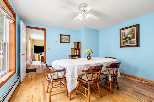 578 Little River Rd, Lebanon, ME 04027 - dining area featuring baseboard heating, light wood finished floors, and a ceiling fan