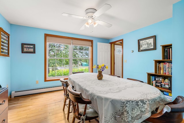 578 Little River Rd, Lebanon, ME 04027 - dining space featuring a baseboard heating unit, a ceiling fan, and light wood-style floors