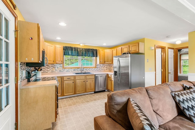 578 Little River Rd, Lebanon, ME 04027 - kitchen featuring stainless steel appliances, open floor plan, light countertops, healthy amount of natural light, and recessed lighting