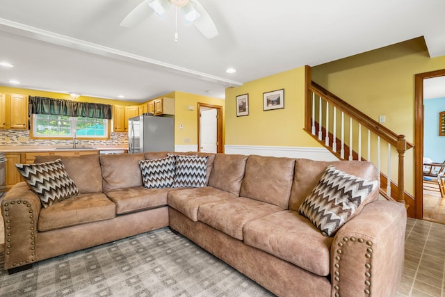578 Little River Rd, Lebanon, ME 04027 - living room featuring ceiling fan, recessed lighting, stairway, and light tile patterned floors