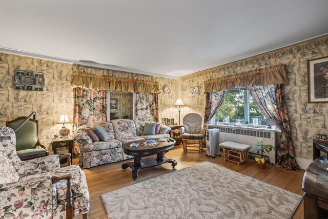 9 Dry Point Dr, Rome, ME 04963 - living area featuring radiator, wood finished floors, and wallpapered walls