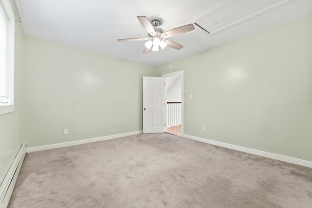 20 Cobble Hill Rd, New Gloucester, ME 04260 - spare room featuring a baseboard heating unit, a ceiling fan, carpet flooring, and attic access