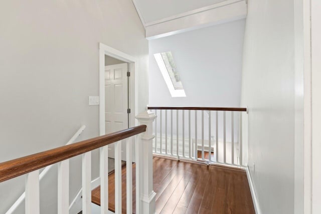 20 Cobble Hill Rd, New Gloucester, ME 04260 - corridor with an upstairs landing, a skylight, hardwood / wood-style flooring, and ornamental molding