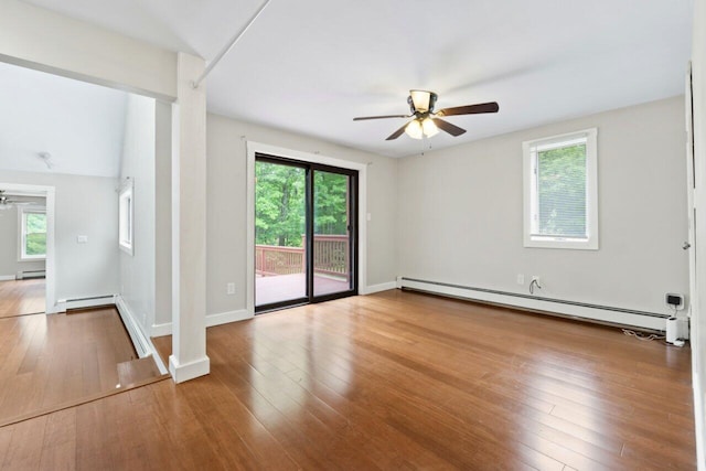 20 Cobble Hill Rd, New Gloucester, ME 04260 - empty room with a ceiling fan, a baseboard radiator, a baseboard heating unit, and wood-type flooring