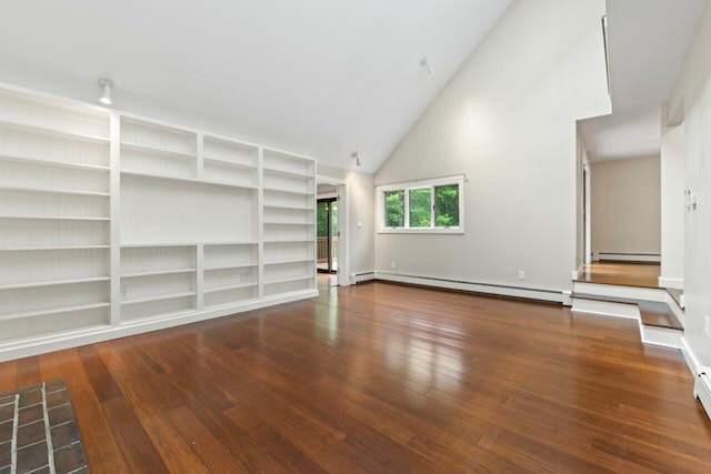 20 Cobble Hill Rd, New Gloucester, ME 04260 - unfurnished living room featuring a baseboard heating unit, a baseboard radiator, wood-type flooring, high vaulted ceiling, and built in shelves