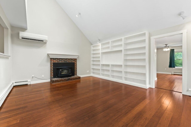 20 Cobble Hill Rd, New Gloucester, ME 04260 - unfurnished living room with an AC wall unit, a fireplace, wood finished floors, a baseboard heating unit, and ceiling fan