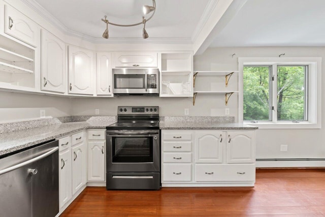 20 Cobble Hill Rd, New Gloucester, ME 04260 - kitchen featuring stainless steel appliances, open shelves, a baseboard radiator, white cabinets, and dark wood-style floors