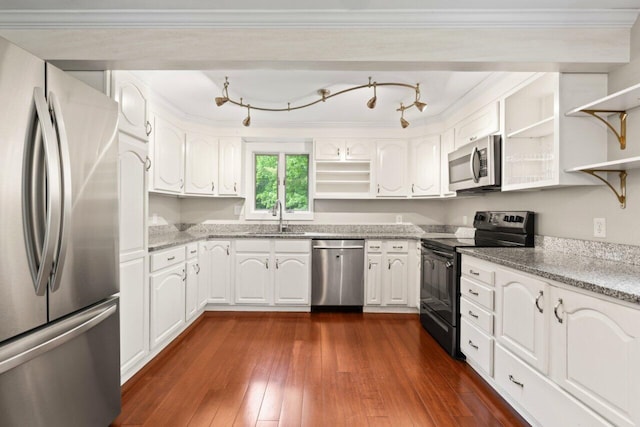 20 Cobble Hill Rd, New Gloucester, ME 04260 - kitchen featuring stainless steel appliances, open shelves, a sink, dark wood-type flooring, and ornamental molding