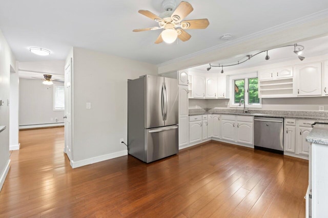 20 Cobble Hill Rd, New Gloucester, ME 04260 - kitchen with stainless steel appliances, a ceiling fan, baseboard heating, white cabinets, and dark wood-style floors