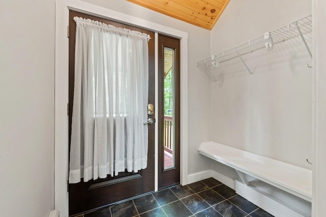 20 Cobble Hill Rd, New Gloucester, ME 04260 - mudroom featuring dark tile patterned floors, baseboards, and lofted ceiling