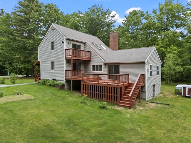 20 Cobble Hill Rd, New Gloucester, ME 04260 - back of house featuring a chimney, a deck, a yard, roof with shingles, and stairs