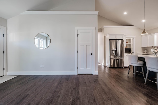 19 Efficiency Way, Bridgton, ME 04009 - living room with dark wood-type flooring, baseboards, high vaulted ceiling, and recessed lighting
