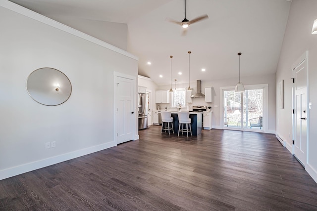19 Efficiency Way, Bridgton, ME 04009 - living room featuring high vaulted ceiling, ceiling fan, baseboards, dark wood-style floors, and recessed lighting