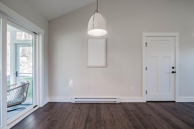 19 Efficiency Way, Bridgton, ME 04009 - unfurnished dining area with a baseboard radiator, dark wood-style floors, baseboards, and lofted ceiling