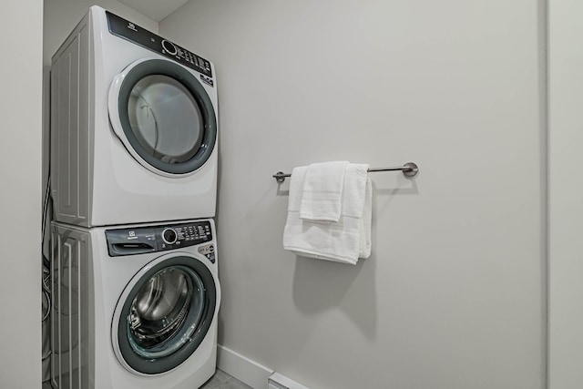 19 Efficiency Way, Bridgton, ME 04009 - washroom featuring stacked washer and clothes dryer and baseboards