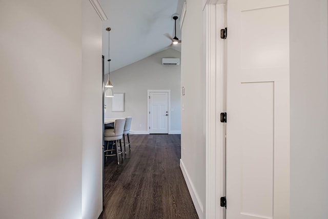 19 Efficiency Way, Bridgton, ME 04009 - hall with dark wood-style flooring, lofted ceiling, and baseboards