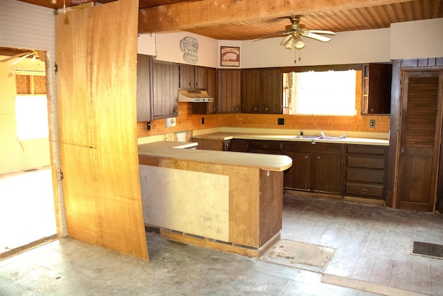 16 Gerry Rd, Sherman, ME 04776 - kitchen with under cabinet range hood, wood ceiling with exposed beams, ceiling fan, and a sink