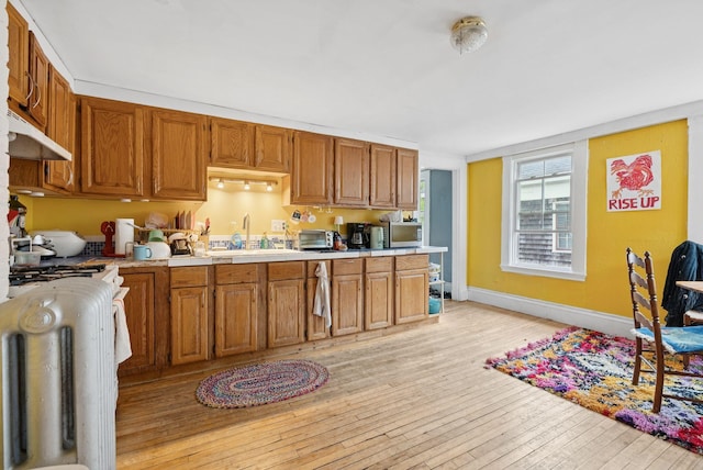 82 Winter St, Portland, ME 04102 - kitchen with a sink, under cabinet range hood, stainless steel microwave, baseboards, and light wood-style floors