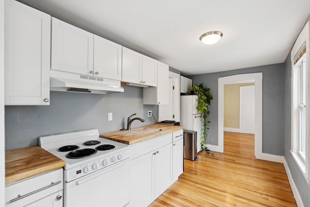 82 Winter St, Portland, ME 04102 - kitchen featuring under cabinet range hood, white appliances, a sink, wooden counters, and light wood-type flooring