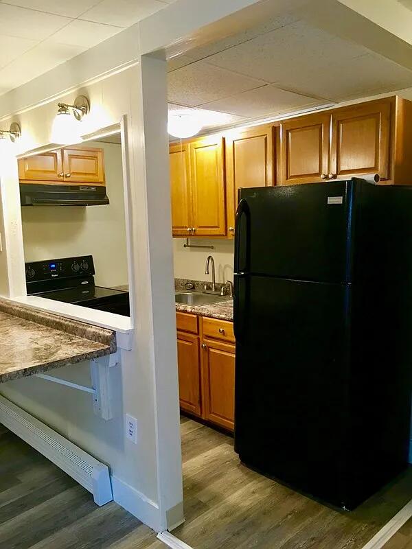82 Winter St, Portland, ME 04102 - kitchen featuring freestanding refrigerator, a sink, exhaust hood, light wood-style floors, and electric range