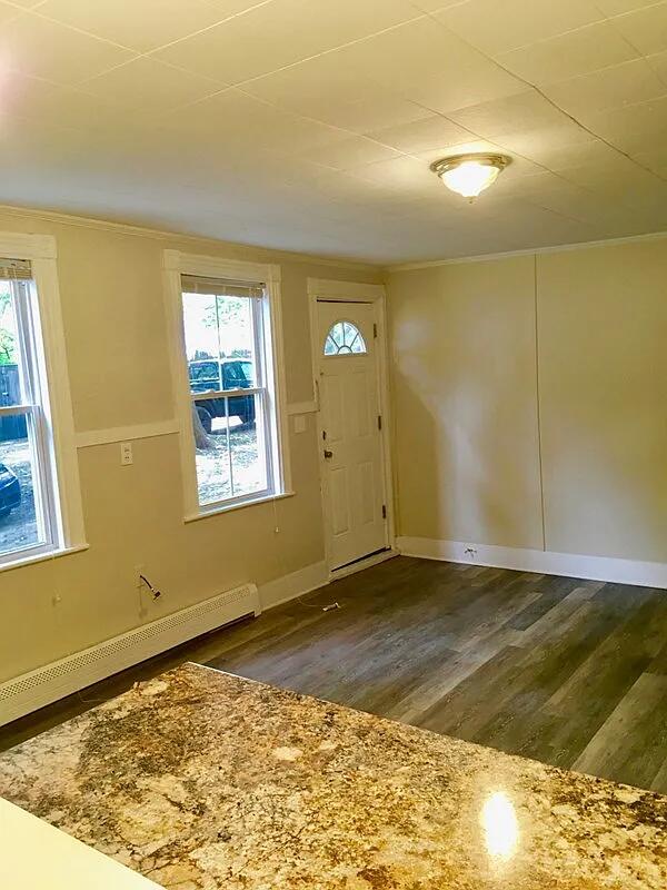 82 Winter St, Portland, ME 04102 - entrance foyer featuring crown molding, baseboard heating, plenty of natural light, dark wood finished floors, and baseboards