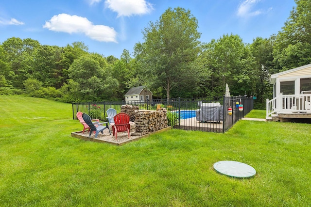 8 Rileys Run, Berwick, ME 03901 - view of yard featuring an outdoor fire pit, a patio, and a wooded view
