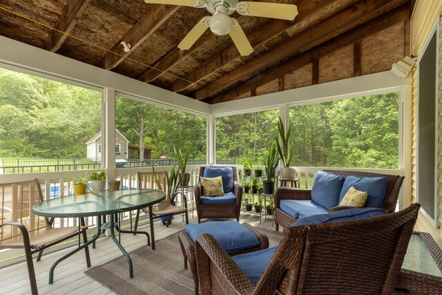 8 Rileys Run, Berwick, ME 03901 - sunroom featuring ceiling fan, lofted ceiling, an outdoor living space, and outdoor dining space