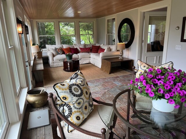 2 Lookout Point Rd, Bar Harbor, ME 04609 - living room featuring wooden ceiling and stone finish floors