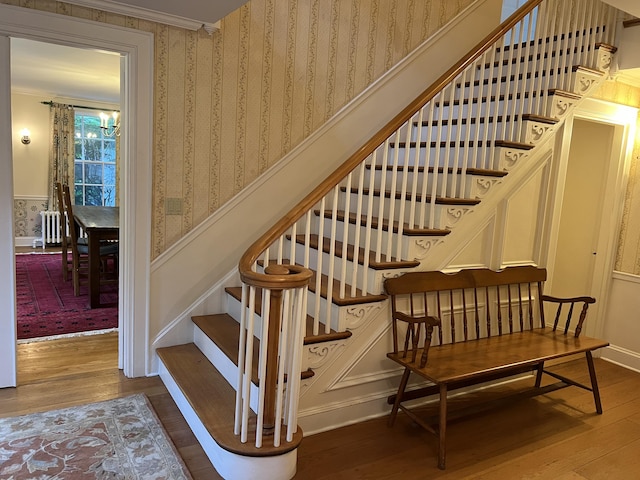 2 Lookout Point Rd, Bar Harbor, ME 04609 - stairway with wood finished floors, wainscoting, ornamental molding, wallpapered walls, and radiator