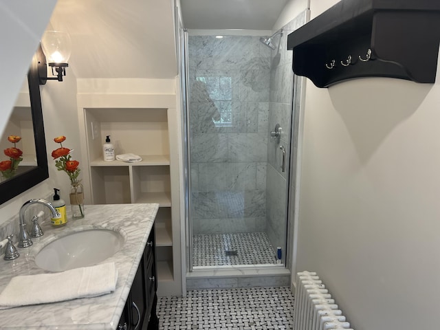 2 Lookout Point Rd, Bar Harbor, ME 04609 - bathroom featuring radiator, a shower stall, and vanity