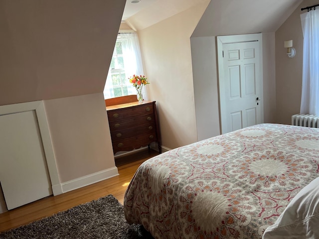 2 Lookout Point Rd, Bar Harbor, ME 04609 - bedroom with wood finished floors, vaulted ceiling, and radiator heating unit