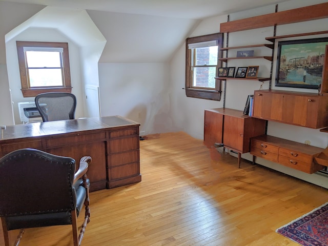 630 Youngs Ridge Rd, Acton, ME 04001 - home office featuring light wood-style floors and vaulted ceiling