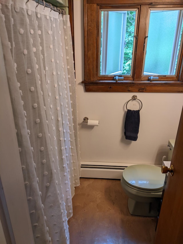 630 Youngs Ridge Rd, Acton, ME 04001 - bathroom featuring a baseboard radiator, toilet, and curtained shower